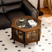 33.15''Vintage Hexagonal Coffee Table with Glass Top | Enclosed Storage + Carved Columns + Display Surface